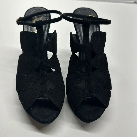 Yves Saint Laurent YSL High Heels Shoes Open Toe T-Strap Suede Black Size 37 / 7 - Picture 3 of 11